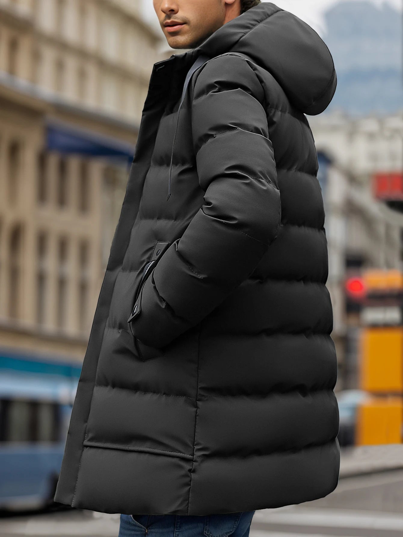 Men'S Long Winter Coats Warm Water Resistant Puffy Hooded Windbreaker Insulated Thicken Jackets with Hood Strips down Jacket Men