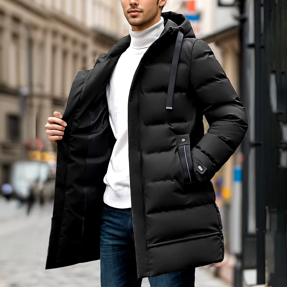 Men'S Long Winter Coats Warm Water Resistant Puffy Hooded Windbreaker Insulated Thicken Jackets with Hood Strips down Jacket Men
